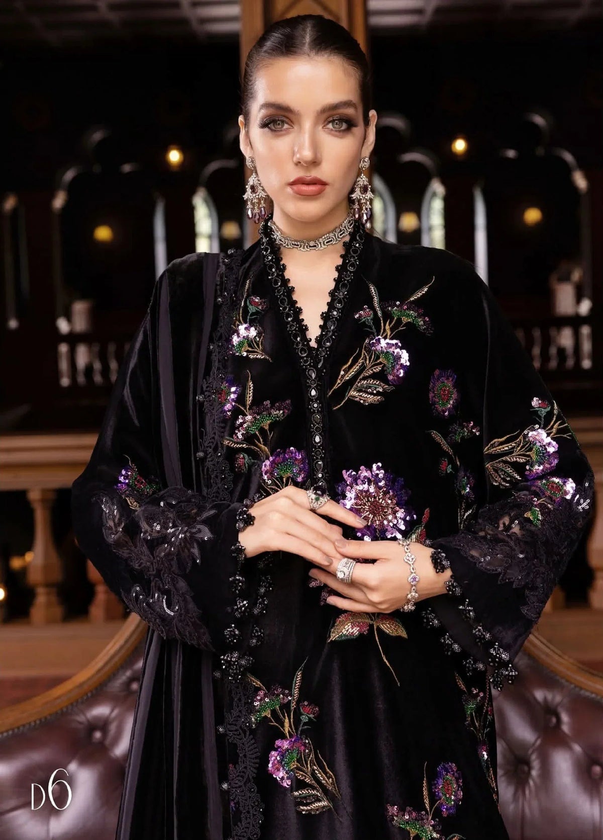 Black & Magenta  Embroidered Velvet Suit | Ready To Wear