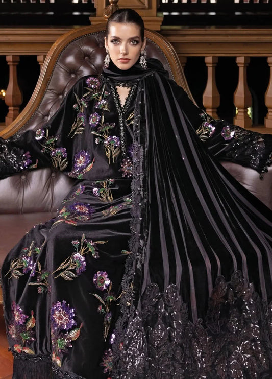 Black & Magenta  Embroidered Velvet Suit | Ready To Wear