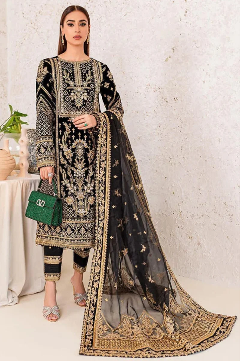 Embroidered Velvet 3-Piece Ready-to-Wear Suit