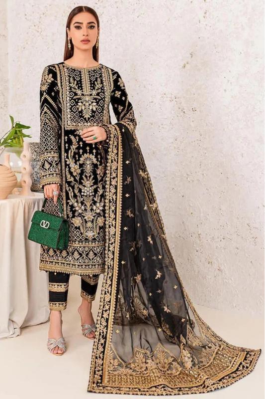 Embroidered Velvet 3-Piece Ready-to-Wear Suit