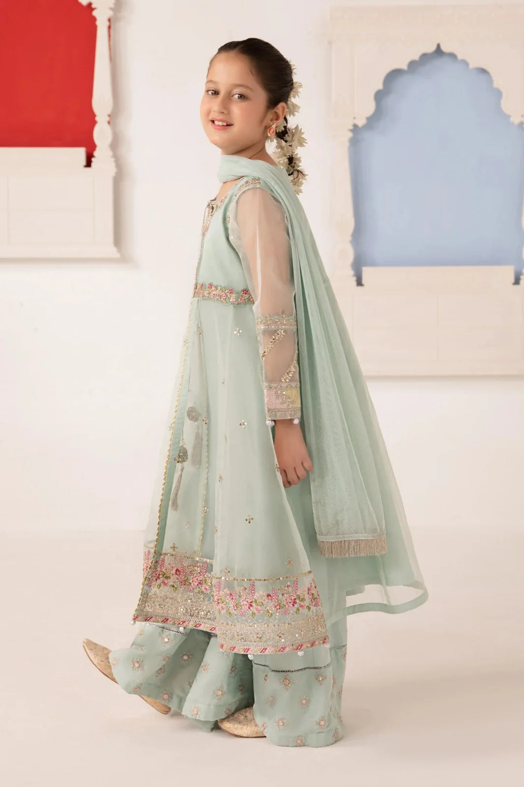 03 Piece Embroidered Chiffon Girls’ Suit with Embroidered Koti – Ready to Wear
