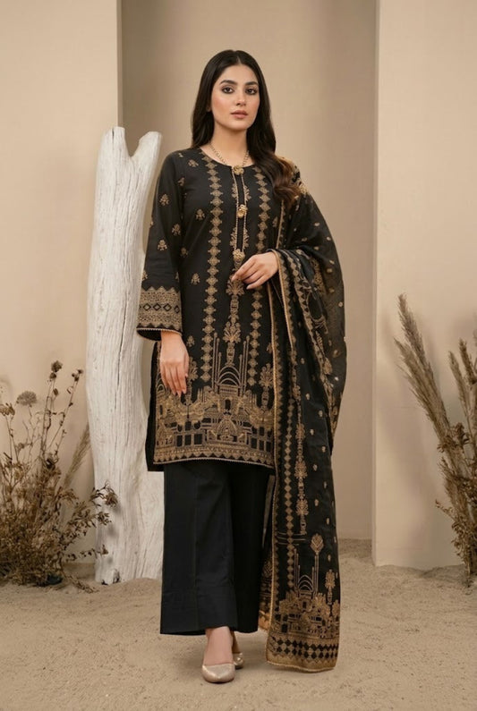 03 Piece Black & Gold Embroidered Jacquard Suit - Ready to Wear