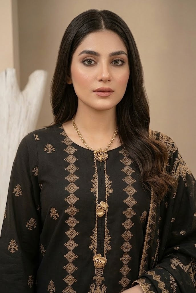 03 Piece Black & Gold Embroidered Jacquard Suit - Ready to Wear