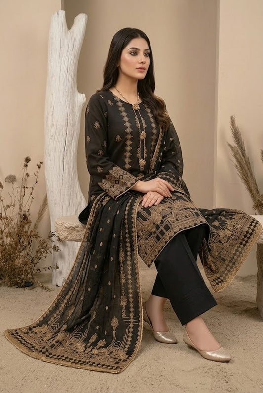 03 Piece Black & Gold Embroidered Jacquard Suit - Ready to Wear