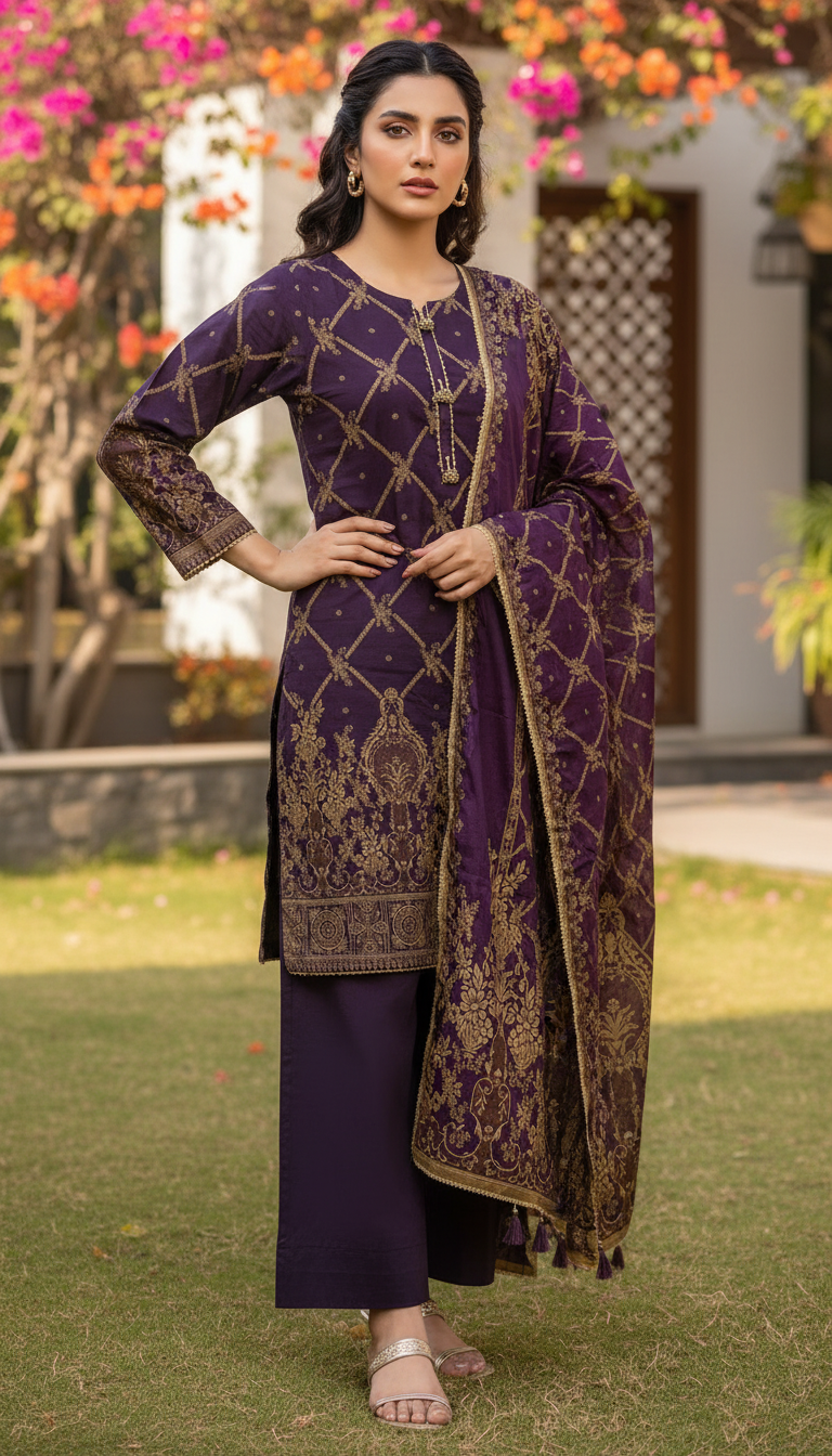 03 Piece Maroon & Gold Embroidered Jacquard Suit - Ready  To Wear