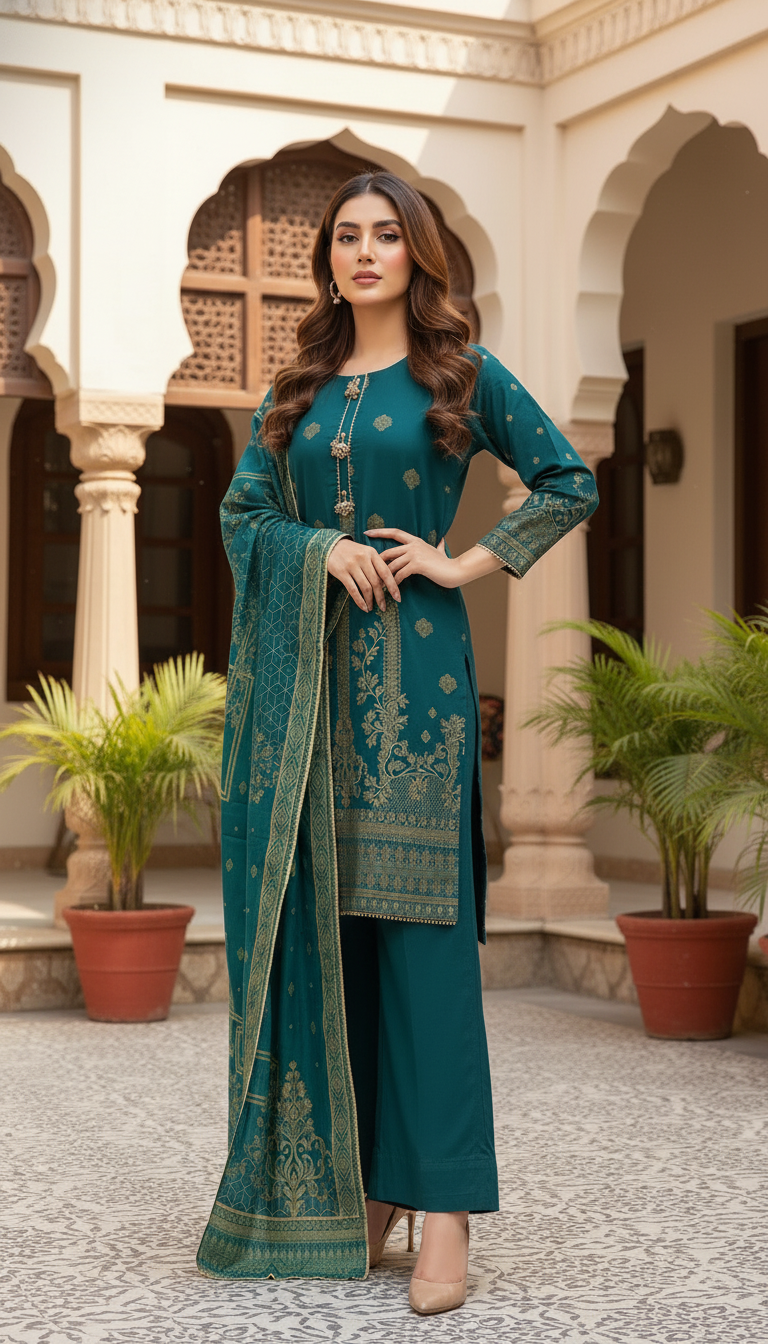 03 Piece Embroidered Jacquard Suit - Ready  To Wear
