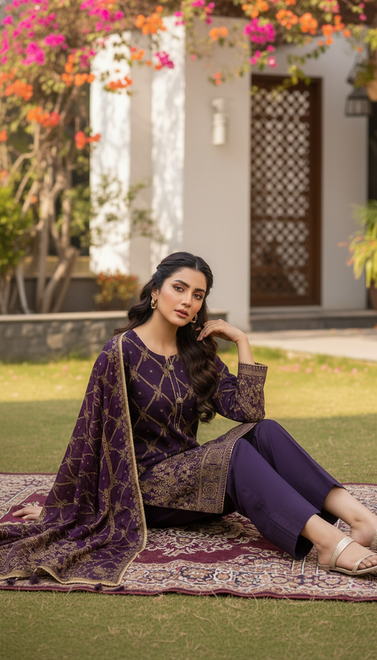 03 Piece Maroon & Gold Embroidered Jacquard Suit - Ready  To Wear