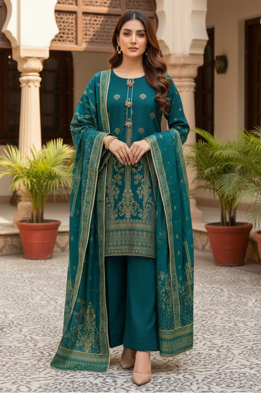 03 Piece Embroidered Jacquard Suit - Ready  To Wear