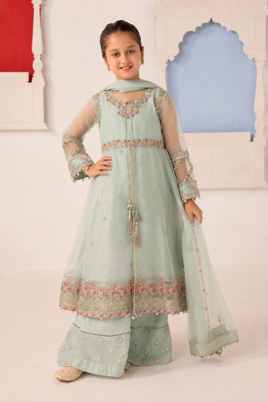 03 Piece Embroidered Chiffon Girls’ Suit with Embroidered Koti – Ready to Wear