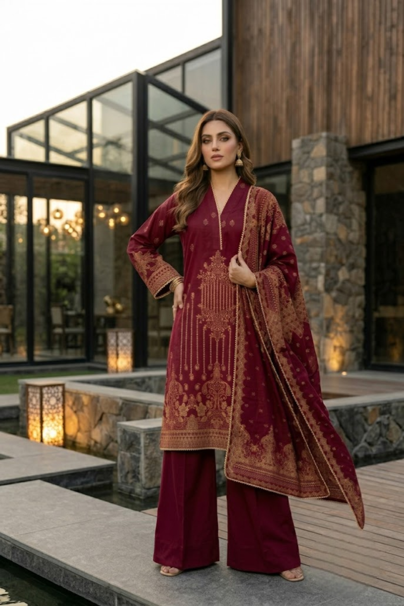 03 Piece Embroidered Jacquard Suit - Ready  To  Wear