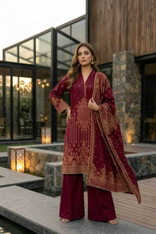 03 Piece Embroidered Jacquard Suit - Ready  To  Wear