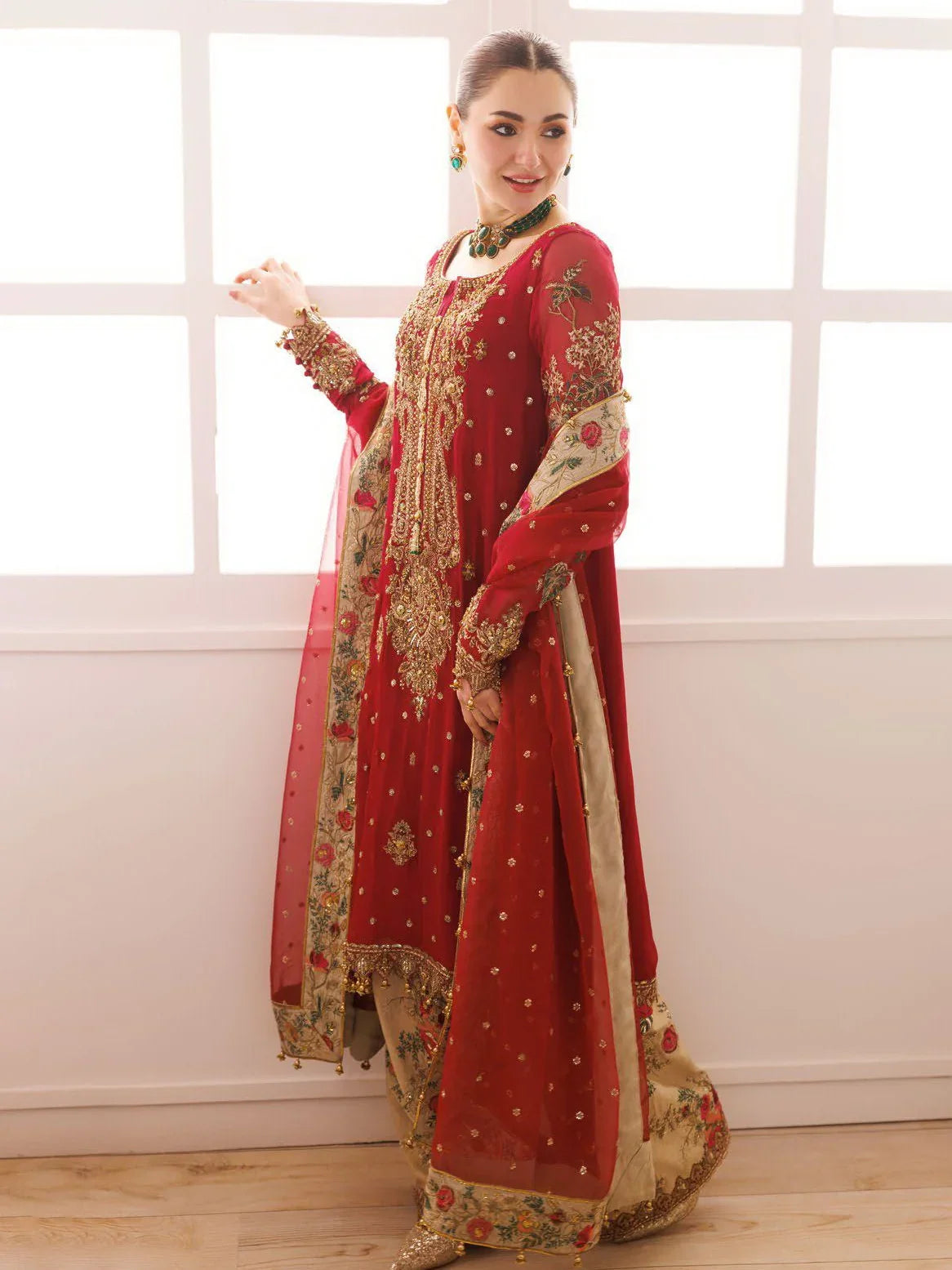 Bridal Red Embroidered Chiffon Suit With Organza Dupatta | Ready To Wear