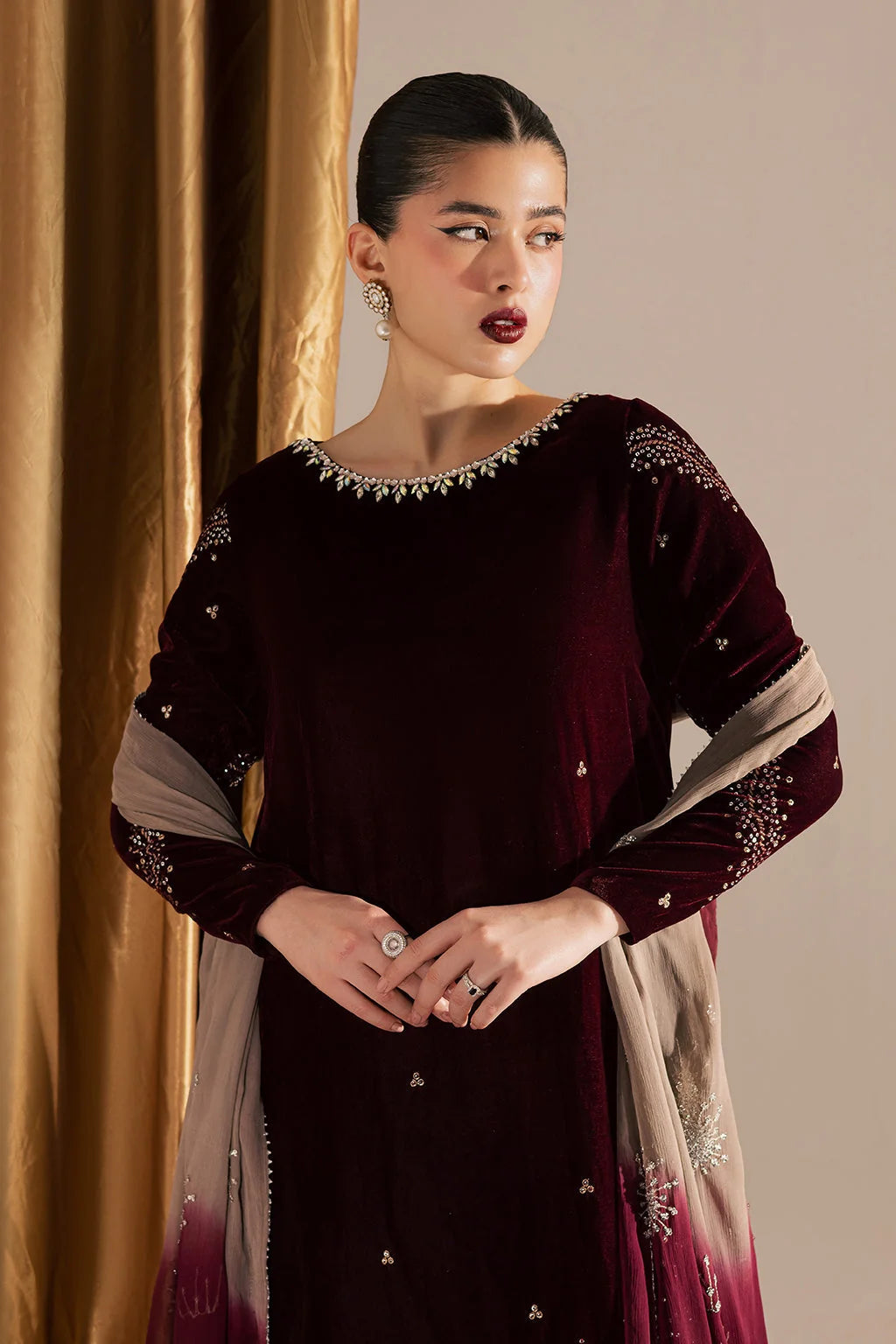 Elegant  Velvet Embroidered Ready-to-Wear 3-Piece Suit
