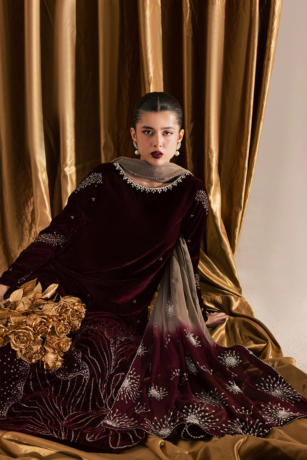Elegant  Velvet Embroidered Ready-to-Wear 3-Piece Suit
